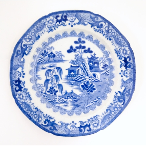 211 - Five assorted 19thC blue and white dinner wares to include three meat plates, a plate and a dish, pa... 