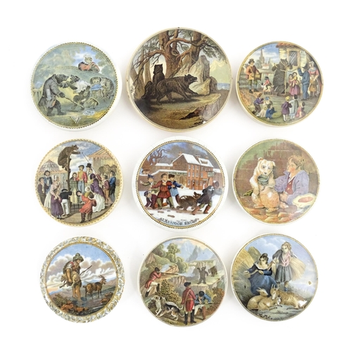 212 - A quantity of Prattware pot lids to include The Bear Pit, Bears at School, Bears on Rocks, The Villa... 