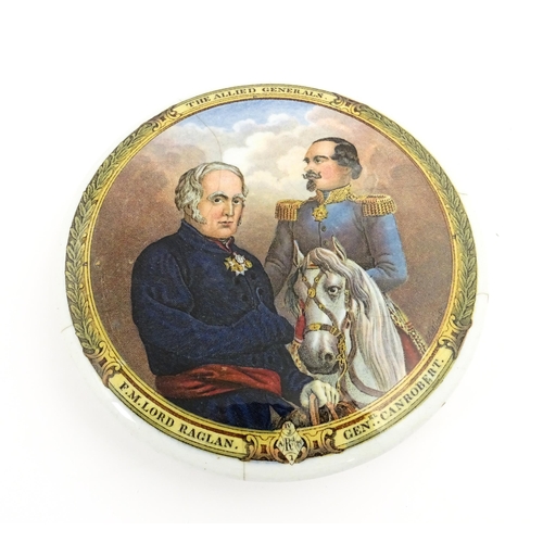 214 - A quantity of Prattware pot lids to include F. M. Lord Raglan & General Canrobert, I Consent She Rep... 