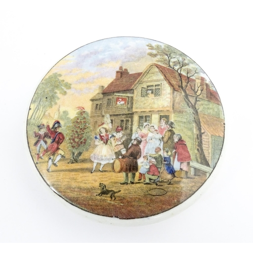 217 - A quantity of Prattware pot lids to include Belle Vue Tavern, The Game Bag, Peace, Lend a Bite, The ... 