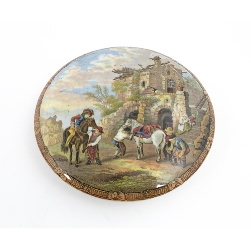 217 - A quantity of Prattware pot lids to include Belle Vue Tavern, The Game Bag, Peace, Lend a Bite, The ... 