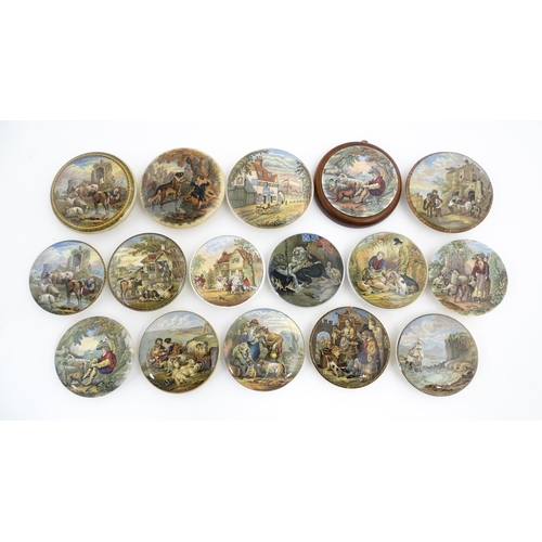 217 - A quantity of Prattware pot lids to include Belle Vue Tavern, The Game Bag, Peace, Lend a Bite, The ... 