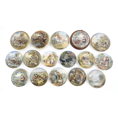 217 - A quantity of Prattware pot lids to include Belle Vue Tavern, The Game Bag, Peace, Lend a Bite, The ... 