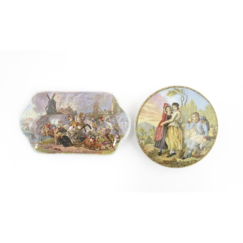 218 - Three shaped pot lids, one depicting Crystal Palace, and two after Philips Wouwerman. Together with ... 