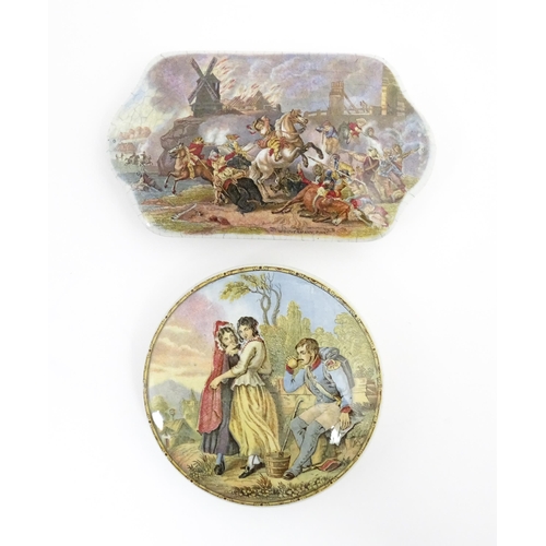 218 - Three shaped pot lids, one depicting Crystal Palace, and two after Philips Wouwerman. Together with ... 