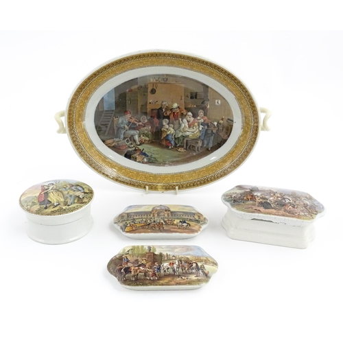 218 - Three shaped pot lids, one depicting Crystal Palace, and two after Philips Wouwerman. Together with ... 