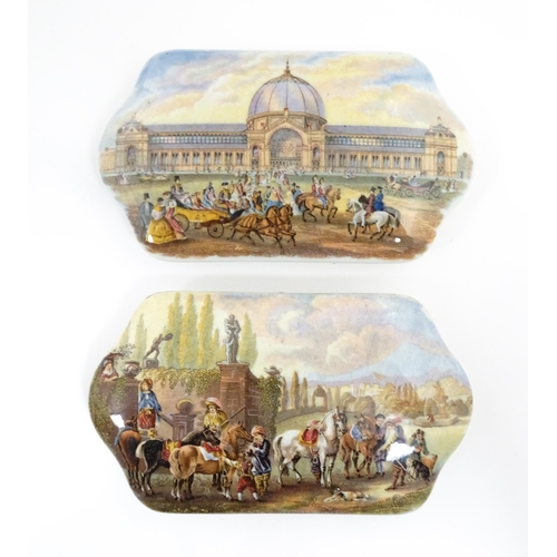 218 - Three shaped pot lids, one depicting Crystal Palace, and two after Philips Wouwerman. Together with ... 