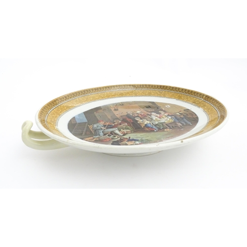 218 - Three shaped pot lids, one depicting Crystal Palace, and two after Philips Wouwerman. Together with ... 