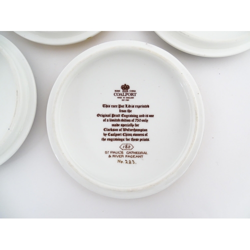 220 - Five Coalport limited edition pot lids after Prattware examples to include The Maid Servant, St Paul... 