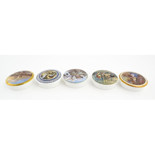 220 - Five Coalport limited edition pot lids after Prattware examples to include The Maid Servant, St Paul... 