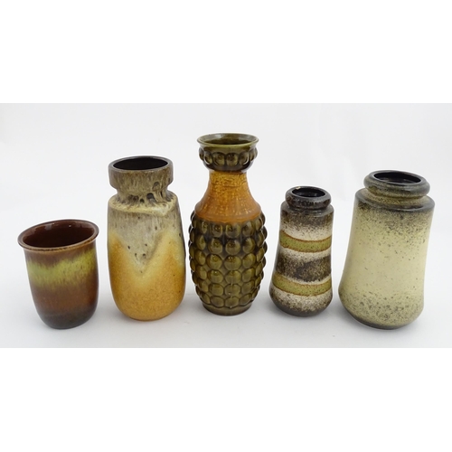 230 - Five West German vases to include a Bay example with bubble detail, a tapering vase with banded deta... 