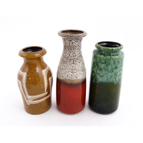 245 - Three West German Scheurich vases to include an example with a flared rim, mottle glaze and crimson ... 