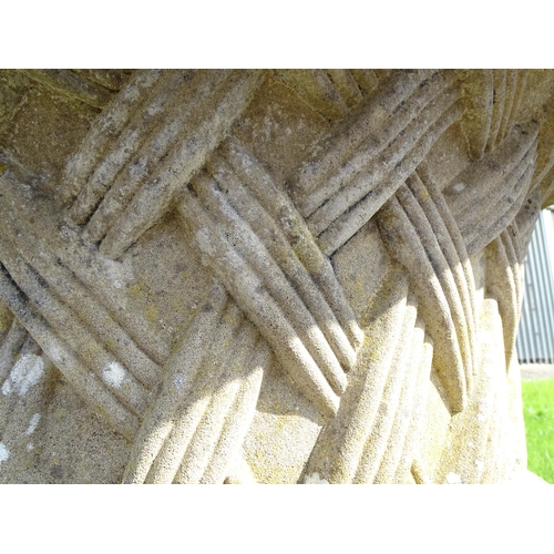 822 - Garden / Architectural : a large 19thC ornate stone urn planter, the upper section with weaved decor... 