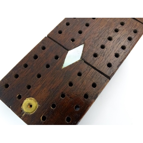 857 - Toys: Three cribbage boards comprising one with a copper mount decorated with flowers, one with inla... 