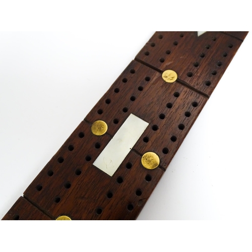 857 - Toys: Three cribbage boards comprising one with a copper mount decorated with flowers, one with inla... 