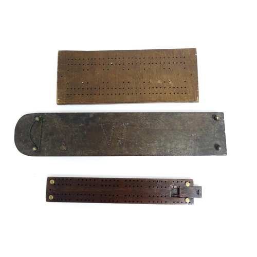 857 - Toys: Three cribbage boards comprising one with a copper mount decorated with flowers, one with inla... 