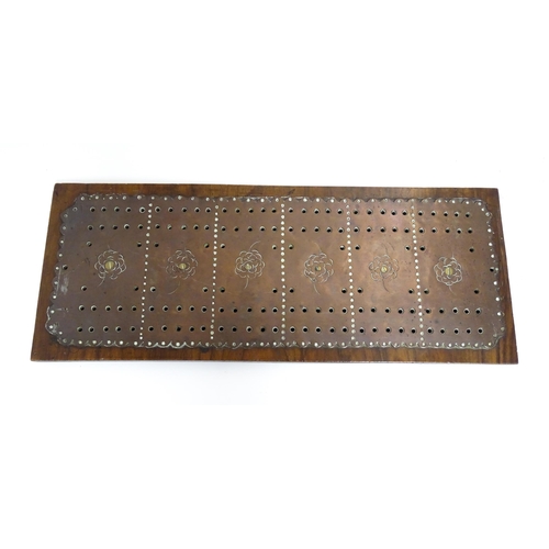 857 - Toys: Three cribbage boards comprising one with a copper mount decorated with flowers, one with inla... 