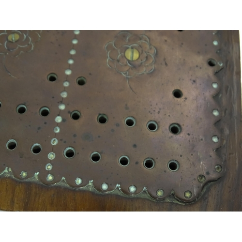 857 - Toys: Three cribbage boards comprising one with a copper mount decorated with flowers, one with inla... 