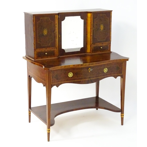 1437 - A 19thC Bonheur du jour, the top having marquetry inlaid doors that open to show three short drawers... 