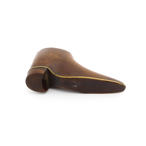 1184 - Treen : A 19thC shoe snuff box with sliding top and satinwood stringing detail to sole. Approx. 2 1/... 