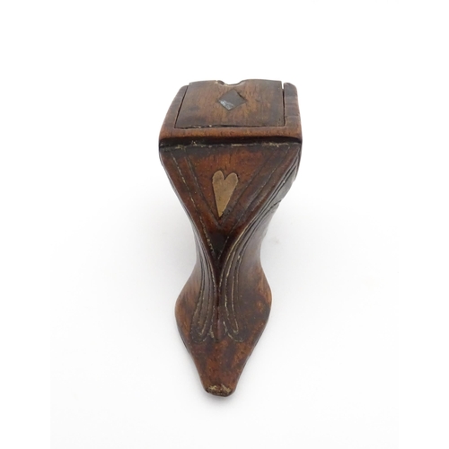 1191 - Treen : A 19thC shoe snuff box of unusual form with sliding lid and inlaid heart decoration. Approx.... 