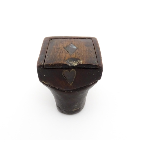 1191 - Treen : A 19thC shoe snuff box of unusual form with sliding lid and inlaid heart decoration. Approx.... 