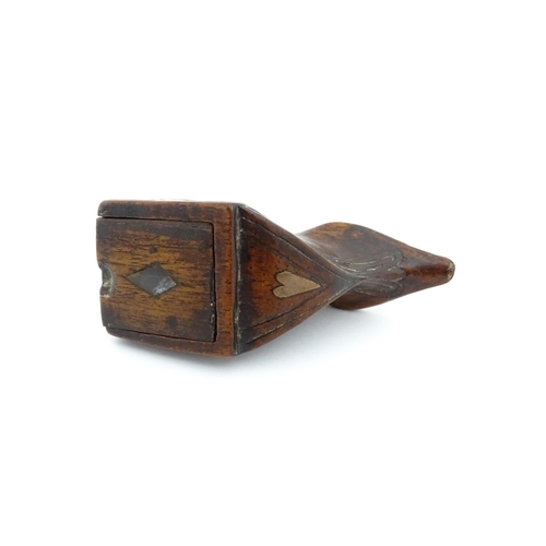 1191 - Treen : A 19thC shoe snuff box of unusual form with sliding lid and inlaid heart decoration. Approx.... 