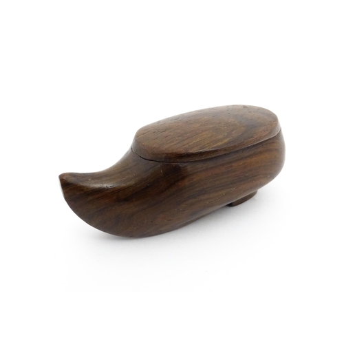 1193 - Treen : A 19thC Continental shoe snuff box of clog form with upturned toe and hinged lid. Approx. 3 ... 