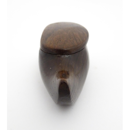 1193 - Treen : A 19thC Continental shoe snuff box of clog form with upturned toe and hinged lid. Approx. 3 ... 