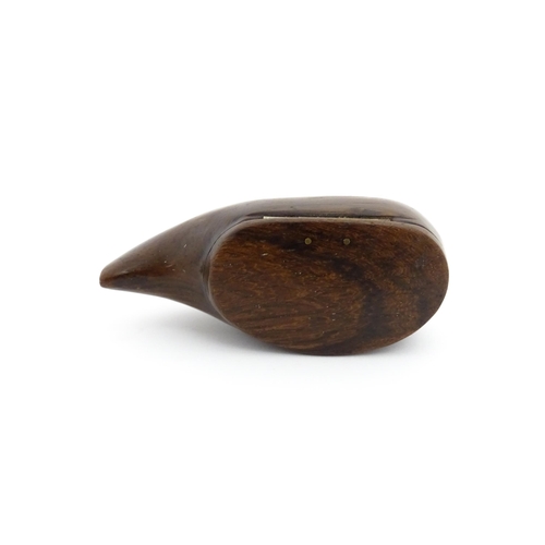 1193 - Treen : A 19thC Continental shoe snuff box of clog form with upturned toe and hinged lid. Approx. 3 ... 