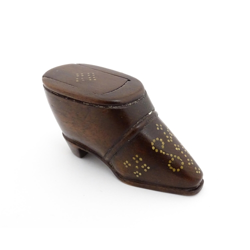 1194 - Treen : A 19thC shoe snuff box with sliding lid and  brass studwork decoration. Approx. 1 3/4