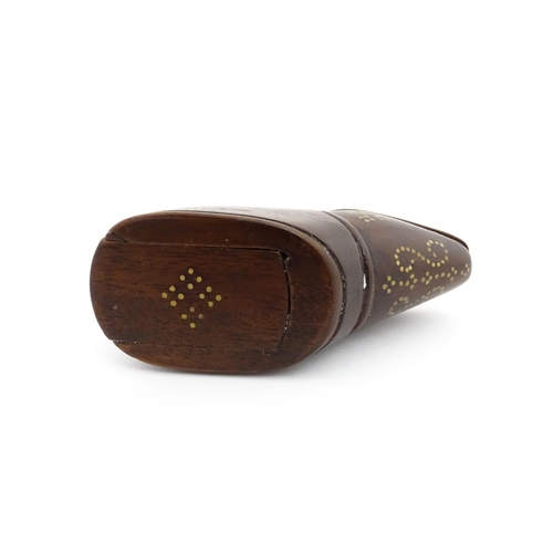 1194 - Treen : A 19thC shoe snuff box with sliding lid and  brass studwork decoration. Approx. 1 3/4