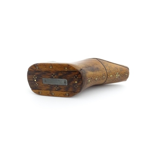 1195 - Treen : A 19thC shoe snuff box with sliding lid and inlaid brass studwork decoration. Approx. 3 3/4