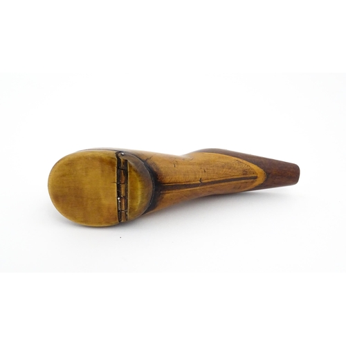 1196 - Treen : A 19thC shoe snuff box of slender form with hinged lid and inlaid detail. Approx. 4