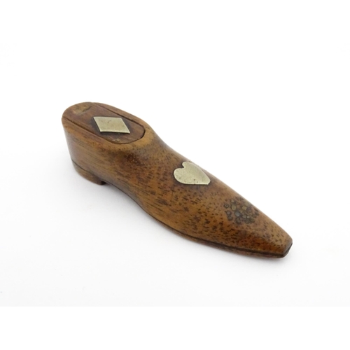 1198 - Treen : A 19thC shoe snuff box with sliding top and inlaid heart and diamond detail. Approx. 3