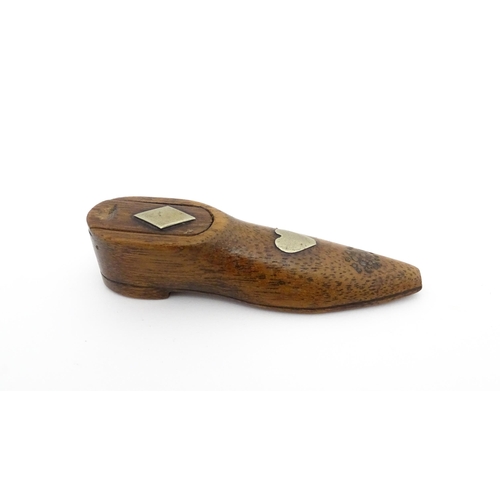 1198 - Treen : A 19thC shoe snuff box with sliding top and inlaid heart and diamond detail. Approx. 3