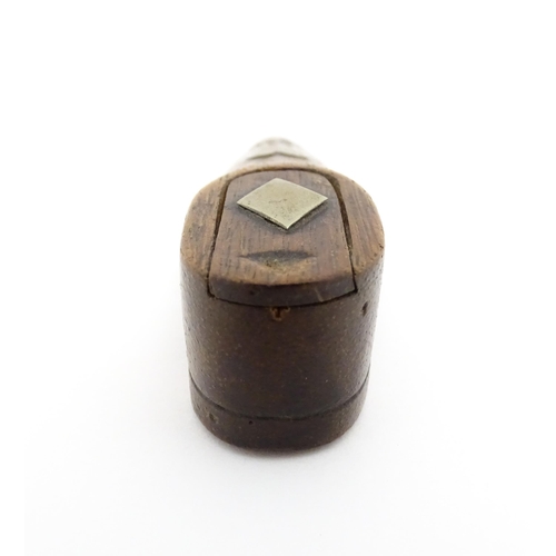 1198 - Treen : A 19thC shoe snuff box with sliding top and inlaid heart and diamond detail. Approx. 3