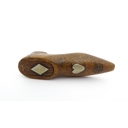 1198 - Treen : A 19thC shoe snuff box with sliding top and inlaid heart and diamond detail. Approx. 3