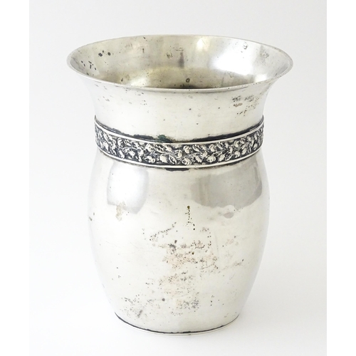 356 - A silver plate and white metal vase of ovoid form with banded floral decoration, indistinct marks un... 