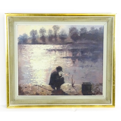 1661 - John Wynne Morgan (1906-1991), Oil on canvas, Twilight, A figure crouching at a river bank. Signed l... 