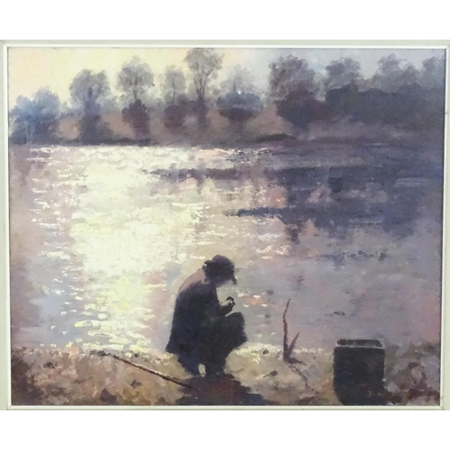 1661 - John Wynne Morgan (1906-1991), Oil on canvas, Twilight, A figure crouching at a river bank. Signed l... 