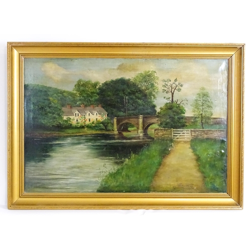 1666 - 19th century, Oil on canvas, A river landscape with a stone arch bridge and cottages. Approx. 23 3/4... 