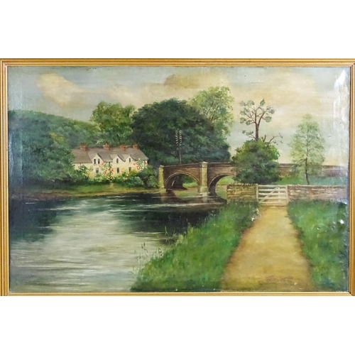 1666 - 19th century, Oil on canvas, A river landscape with a stone arch bridge and cottages. Approx. 23 3/4... 