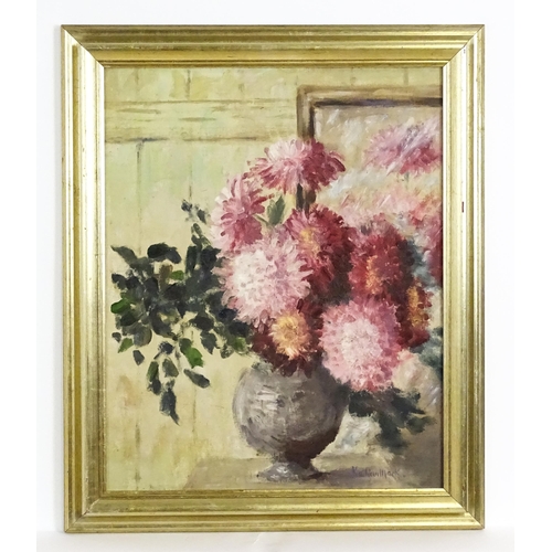 1671 - Kathleen Mack, 20th century, Oil on canvas, A still life study of chrysanthemum flowers in a vase. S... 