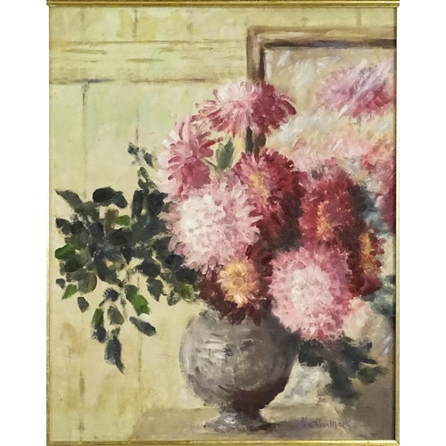 1671 - Kathleen Mack, 20th century, Oil on canvas, A still life study of chrysanthemum flowers in a vase. S... 