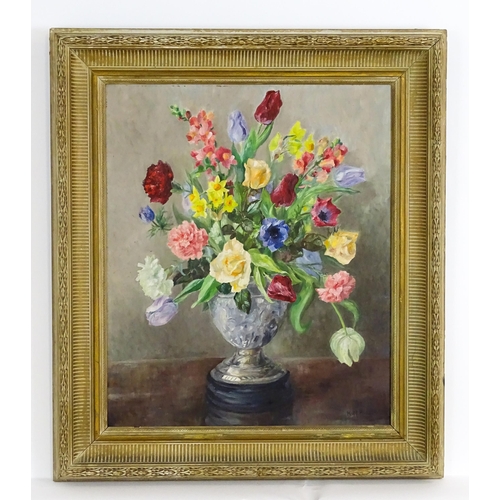 1675 - K. M. Robson, 20th century, Oil on board, A still life study of spring flowers in a pedestal vase. S... 