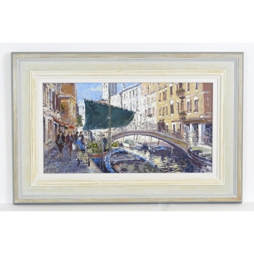 1677 - Gerald Green (b. 1947), Oil on board, Floating Market, Rio san Barnaba, Venice. Signed lower right, ... 