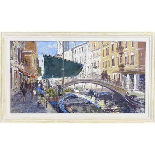 1677 - Gerald Green (b. 1947), Oil on board, Floating Market, Rio san Barnaba, Venice. Signed lower right, ... 