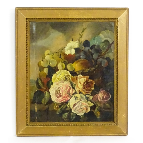 1678 - 19th century, Oil on canvas laid on board, A still life study with flowers and fruit on a stone ledg... 