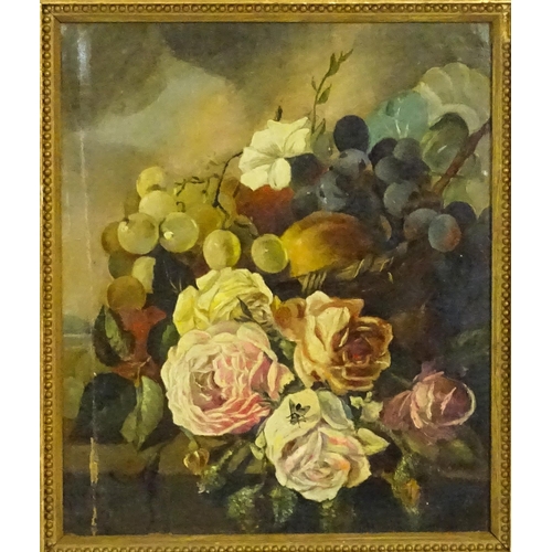 1678 - 19th century, Oil on canvas laid on board, A still life study with flowers and fruit on a stone ledg... 